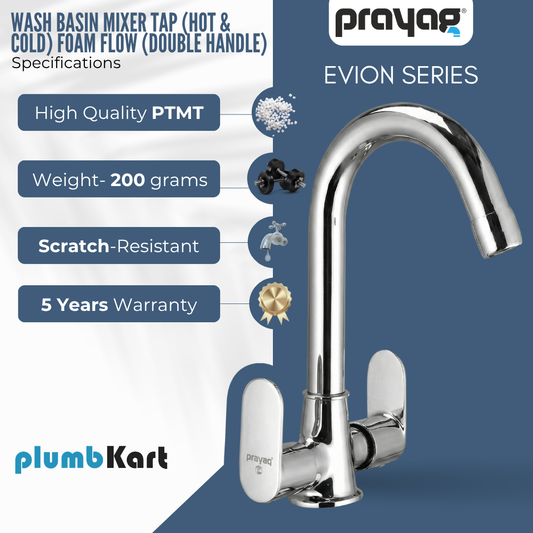Wash Basin Mixer Tap (Hot & Cold) Foam Flow (Double Handle) Brass - By Prayag