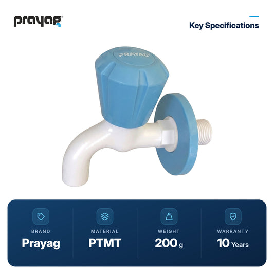 Bib Tap Blue Colour - Prayag key specifications: PTMT, 200 g, 10-year warranty