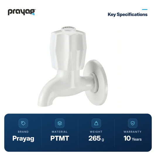 Bib Tap (Short Body) - Prayag key specifications: PTMT, 265 g, 10-year warranty