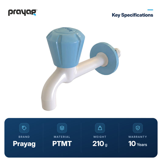 Long Body Bib Tap Foam Flow Blue Colour - Prayag key specifications: PTMT, 210 g, 10-year warranty