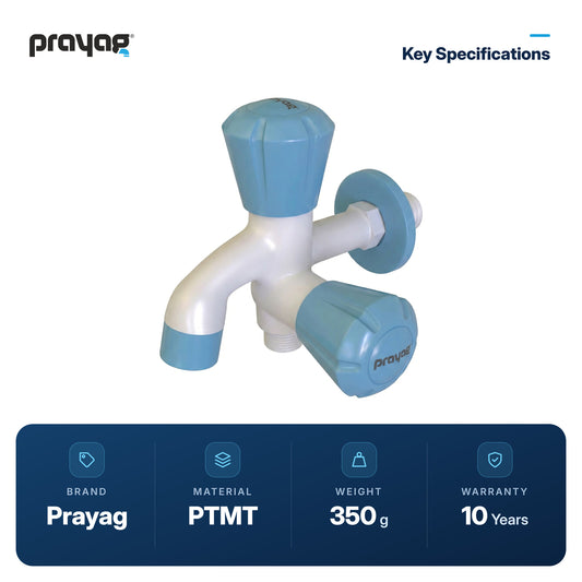 Two Way Bib Tap Foam Flow (Double Handle) Blue Colour - Prayag key specifications: PTMT, 350 g, 10-year warranty