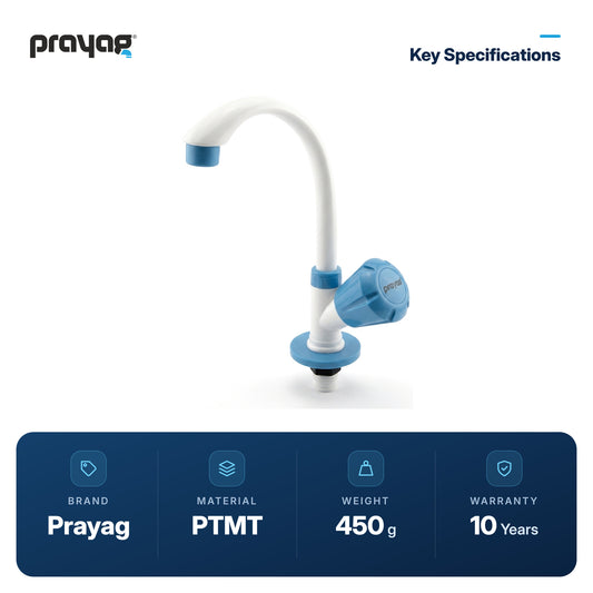 Sink Tap for Kitchen Table Mount Foam Flow (Swing Tap) Blue Colour - Prayag key specifications: PTMT, 450 g, 10-year warranty