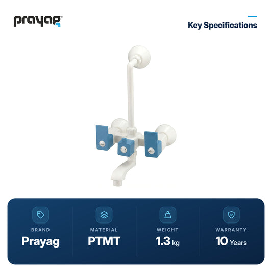 Wall Mixer Tap with L Bend Pipe (Foam Flow) (Hot & Cold) Blue Colour - Prayag key specifications: PTMT, 1.3 kg, 10-year warranty