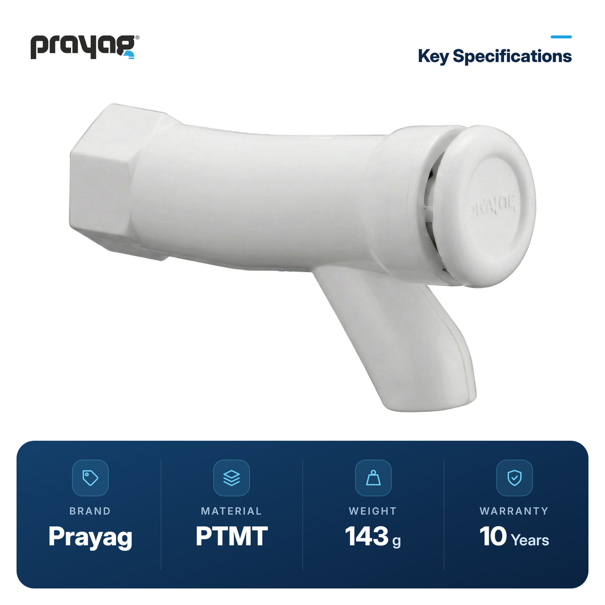 Push Tap With Spout 15mm - Prayag key specifications: PTMT, 143 g, 10-year warranty