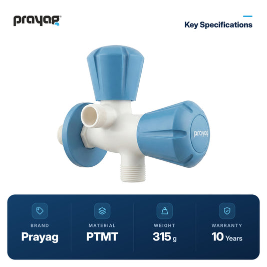 Two Way Angle Valve (Double Handle) Blue Colour - Prayag key specifications: PTMT, 315 g, 10-year warranty