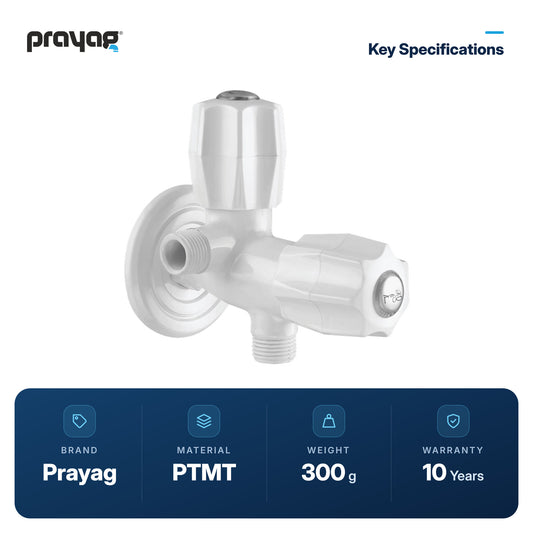 Two Way Angle Valve (Double Handle) - Prayag key specifications: PTMT, 300 g, 10-year warranty