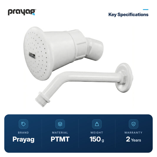 Overhead Shower 15mm + Shower Arm 225mm - Prayag key specifications: PTMT, 150 g, 2-year warranty