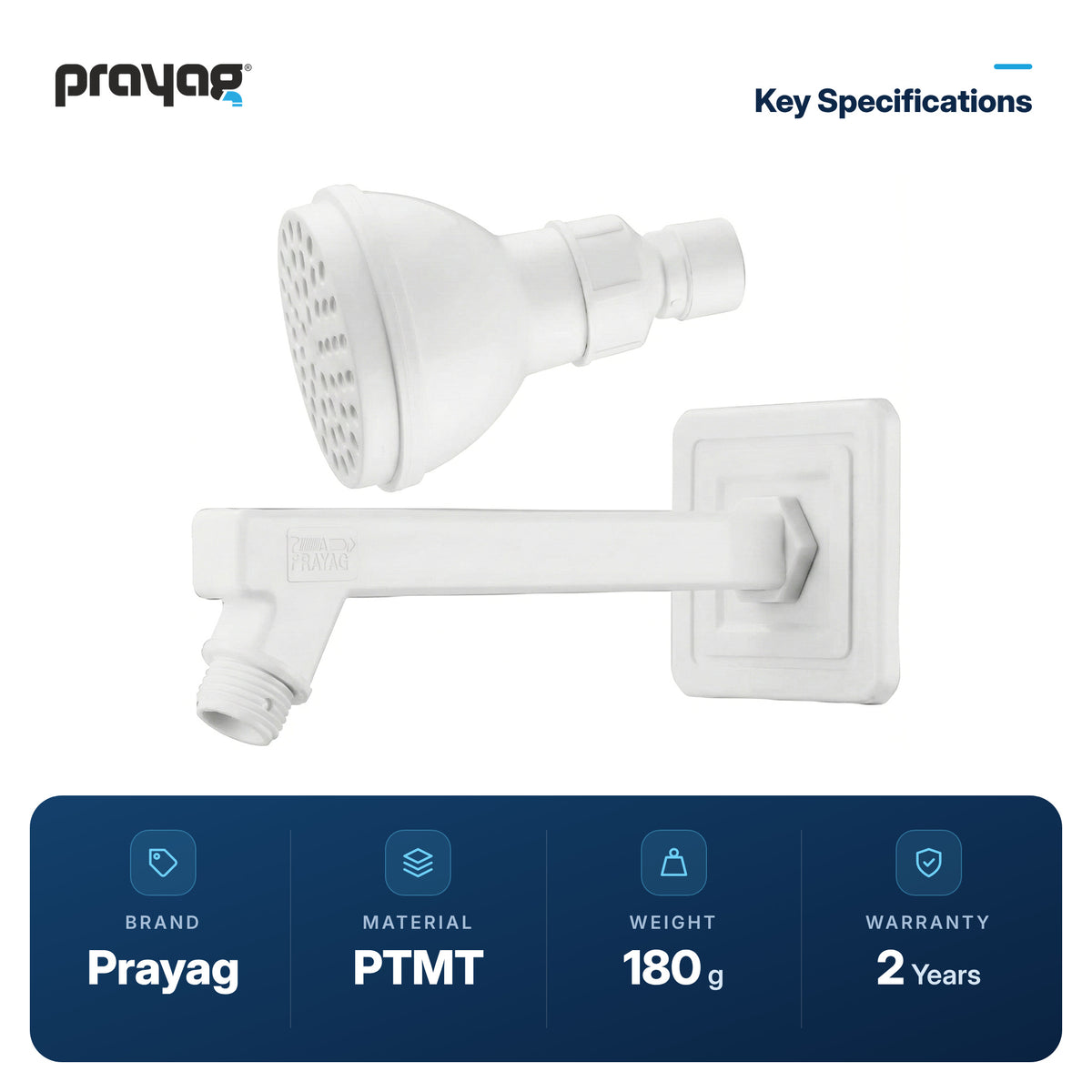 Overhead Shower 75mm + Shower Arm 225mm - Prayag key specifications: PTMT, 180 g, 2-year warranty