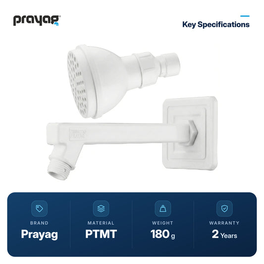 Overhead Shower 75mm + Shower Arm 225mm - Prayag key specifications: PTMT, 180 g, 2-year warranty