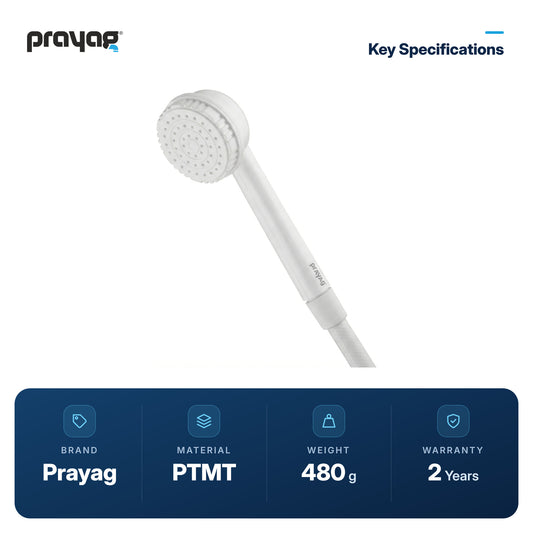 Hand Shower with 1.5mtr Tube & Hook (Model 1831) - Prayag key specifications: PTMT, 480 g, 2-year warranty