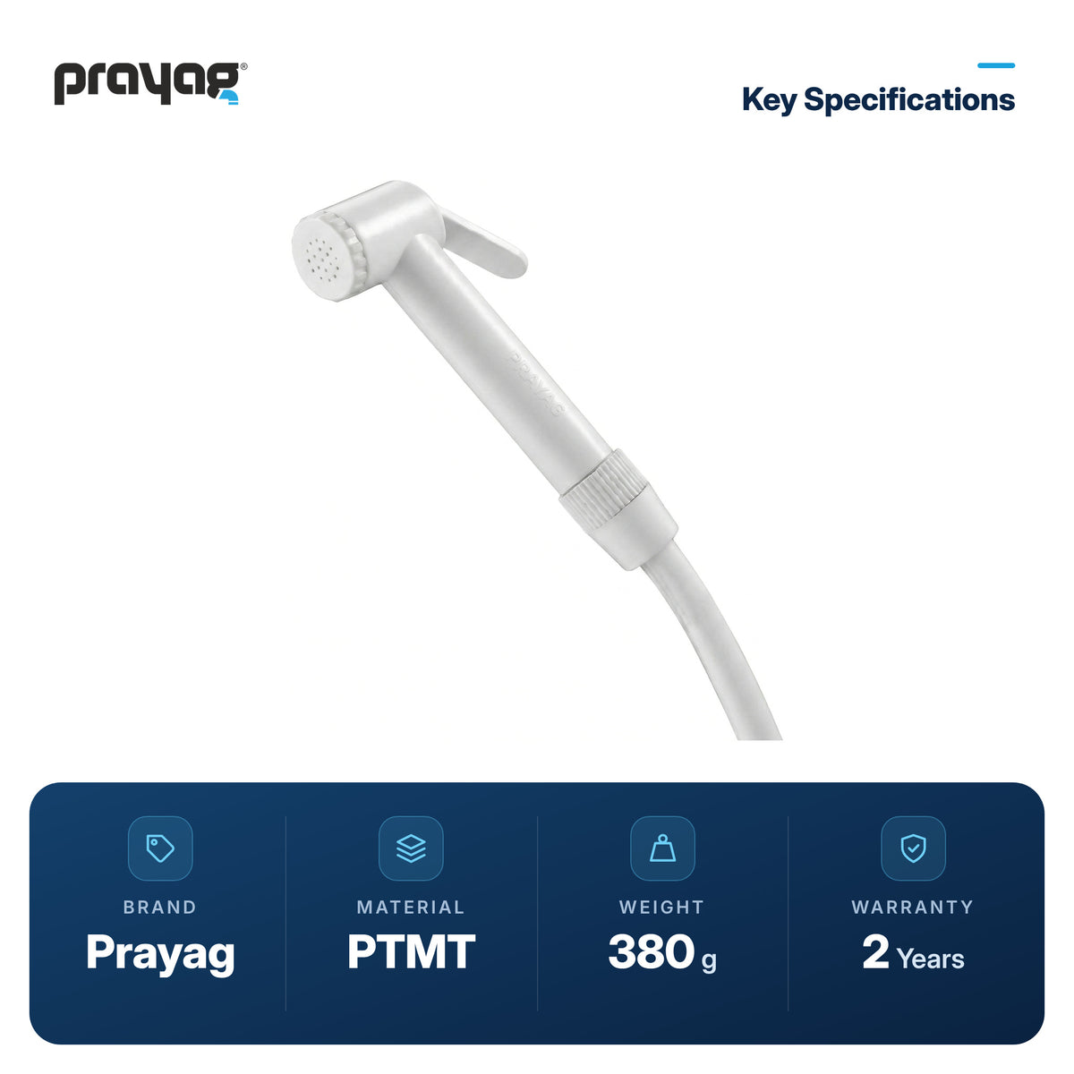 Health Faucet for Toilet with Tube (1mtr) + Hook - Prayag key specifications: PTMT, 380 g, 2-year warranty