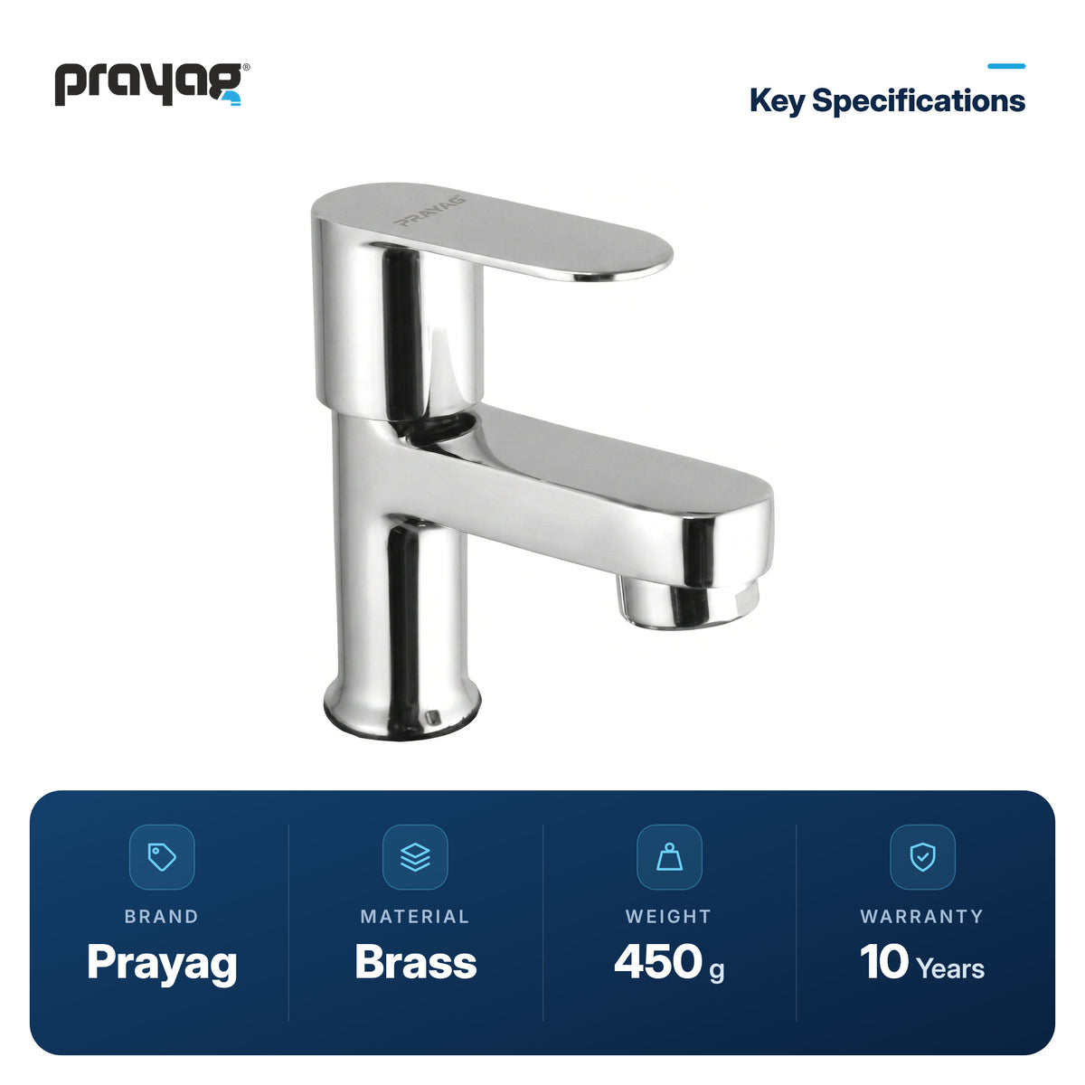 Wash Basin Pillar Tap (Short Height) Brass - Prayag key specifications: Brass, 450 g, 10-year warranty