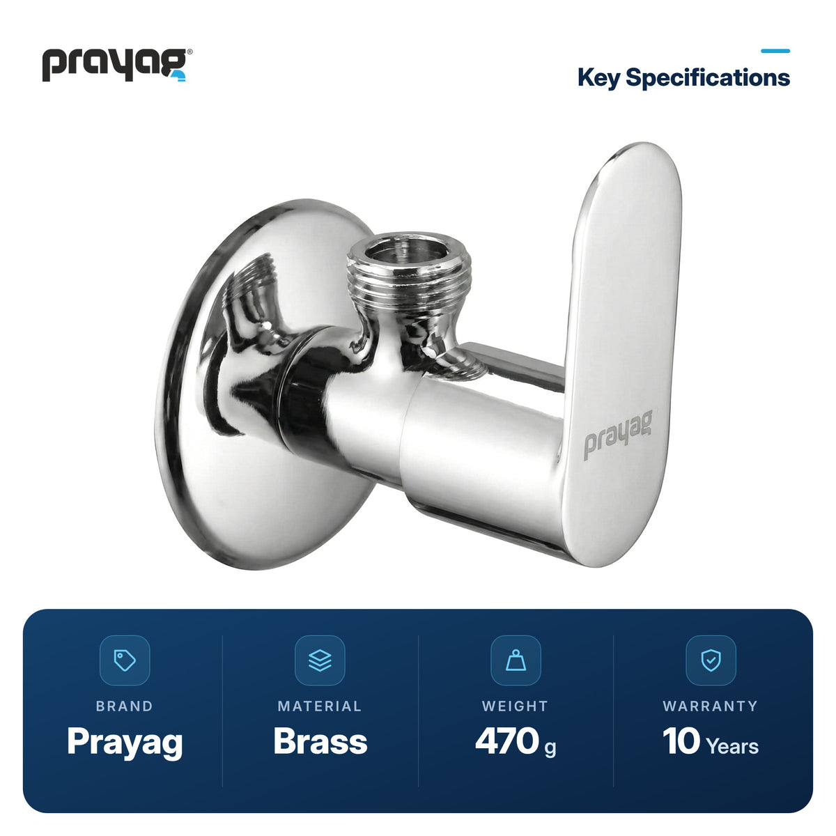 Angle Valve Brass - Prayag key specifications: Brass, 470 g, 10-year warranty