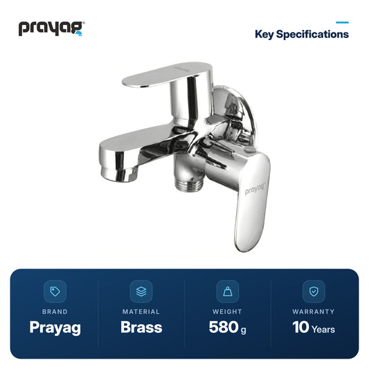 Two Way Bib Tap Foam Flow (Double Handle) Brass - Prayag key specifications: Brass, 580 g, 10-year warranty