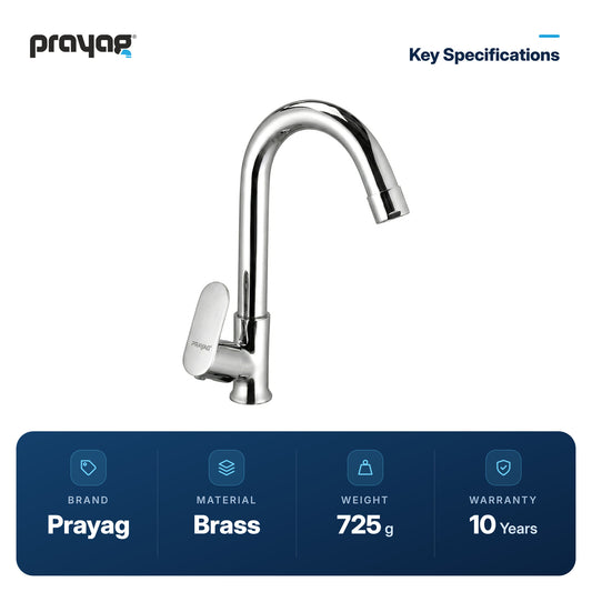 Wash Basin Pillar Tap Swan Neck Foam Flow (Swing Tap) Basin Mount Brass - Prayag key specifications: Brass, 725 g, 10-year warranty