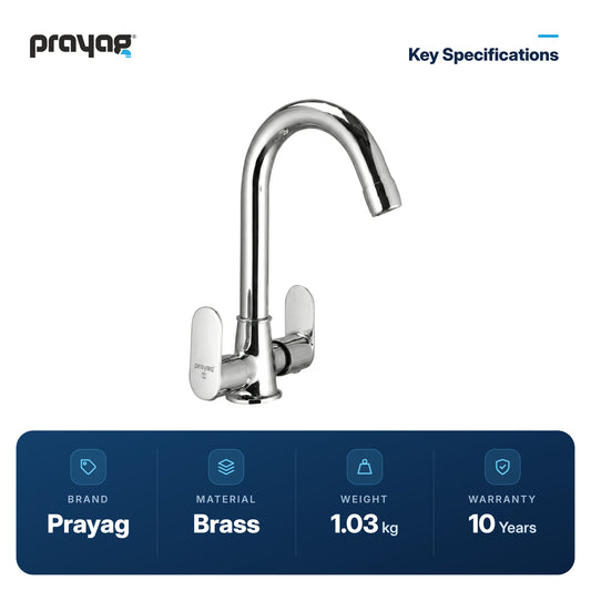 Wash Basin Mixer Tap (Hot & Cold) Foam Flow (Double Handle) Brass - Prayag key specifications: Brass, 1.03 kg, 10-year warranty