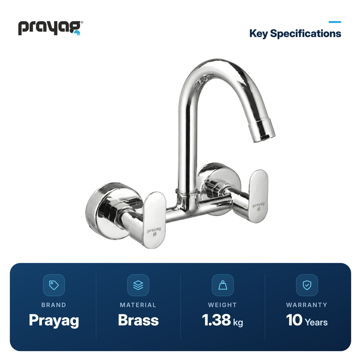 Sink Mixer Tap for Kitchen Wall Mount Foam Flow (Hot & Cold) Brass - Prayag key specifications: Brass, 1.38 kg, 10-year warranty