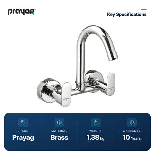 Sink Mixer Tap for Kitchen Wall Mount Foam Flow (Hot & Cold) Brass - Prayag key specifications: Brass, 1.38 kg, 10-year warranty