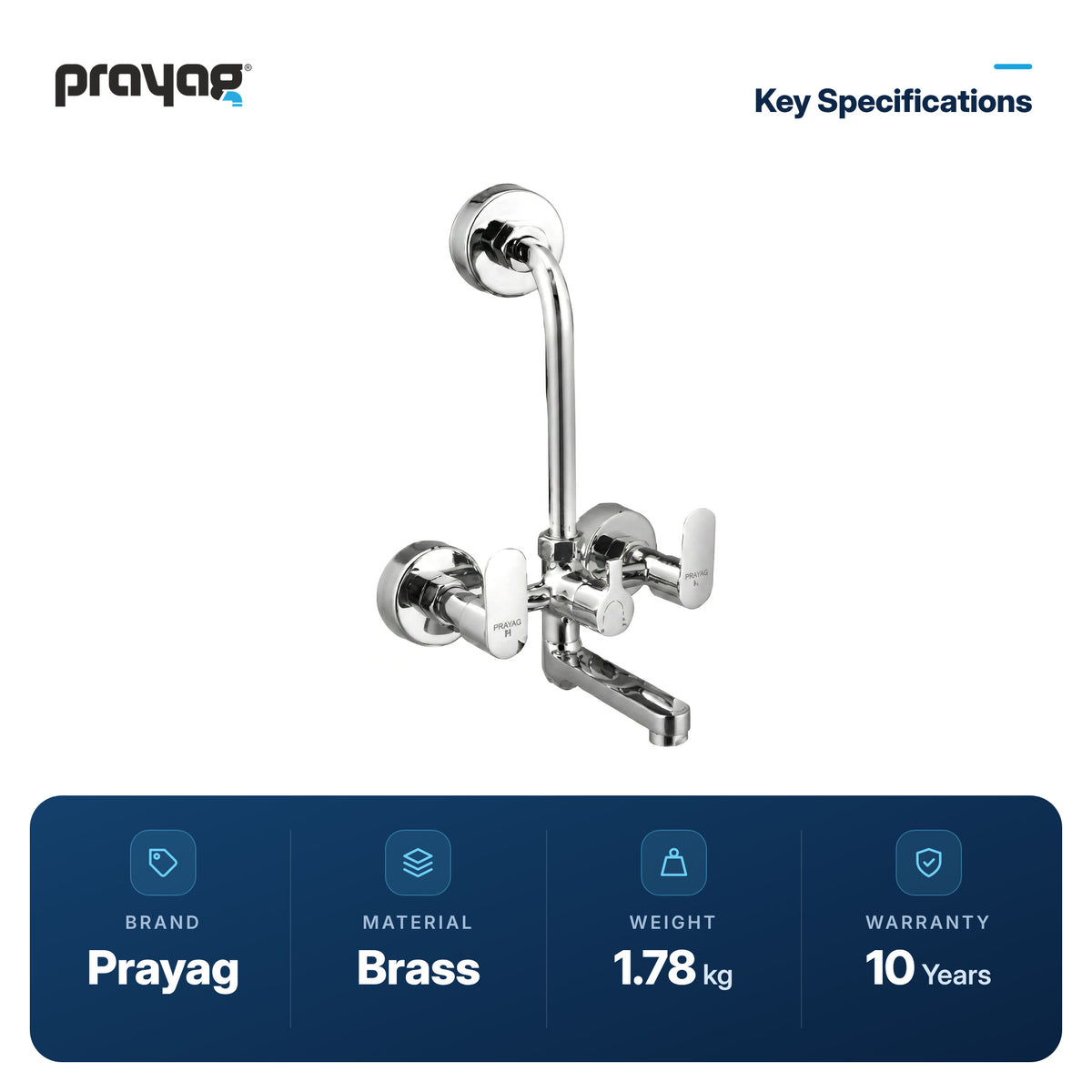 Wall Mixer Brass Tap with L Bend Pipe (Foam Flow) (Hot & Cold) - Prayag key specifications: Brass, 1.78 kg, 10-year warranty