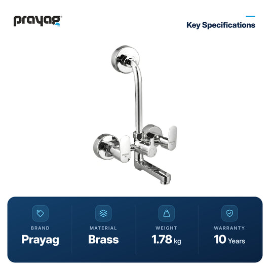 Wall Mixer Brass Tap with L Bend Pipe (Foam Flow) (Hot & Cold) - Prayag key specifications: Brass, 1.78 kg, 10-year warranty