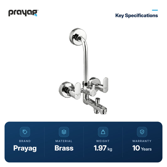 Wall Mixer 3 in 1 with Provision for Hand Shower & Head Shower Brass (Foam Flow) (Hot & Cold) - Prayag key specifications: Brass, 1.97 kg, 10-year warranty