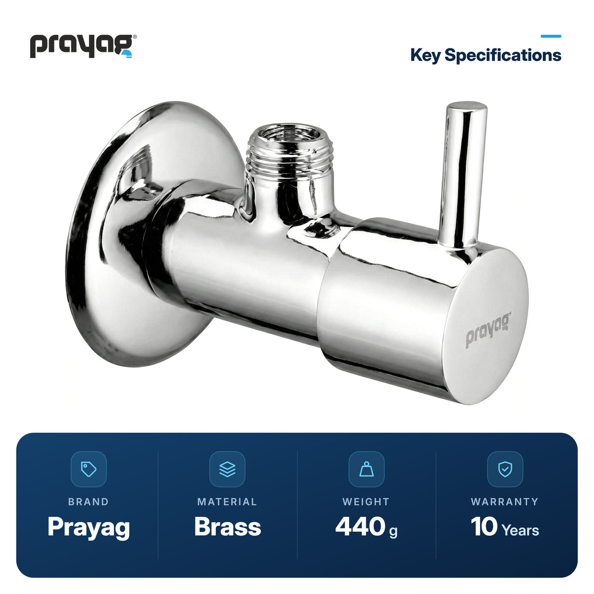 Angle Valve Brass - Prayag key specifications: Brass, 440 g, 10-year warranty
