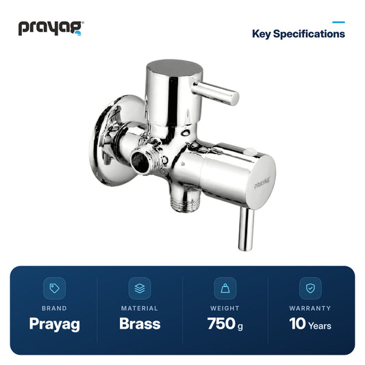 Two Way Angle Valve (Double Handle) Brass - Prayag key specifications: Brass, 750 g, 10-year warranty