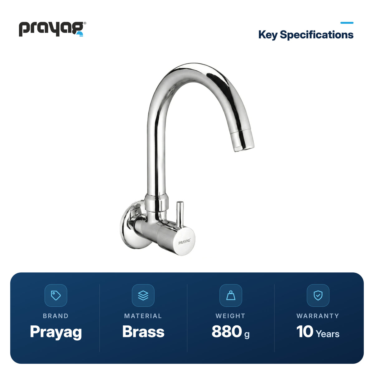 Sink Tap for Kitchen Wall Mount Foam Flow (Swing Tap) Brass - Prayag key specifications: Brass, 880 g, 10-year warranty