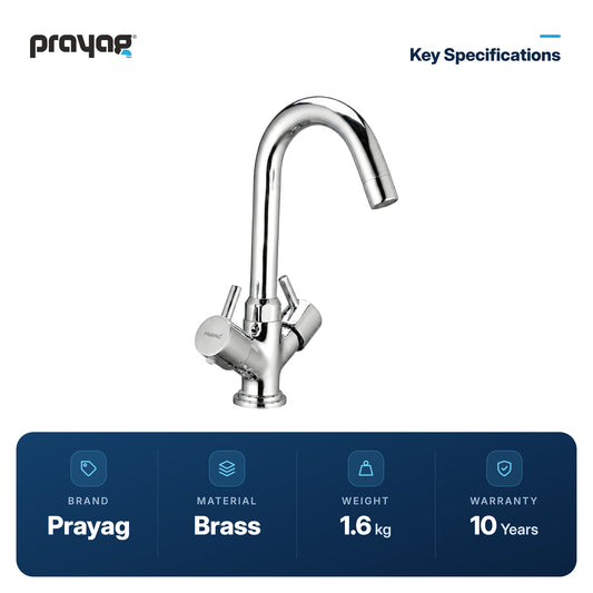 Center Hole Basin Mixer without Popup Brass - Prayag key specifications: Brass, 1.6 kg, 10-year warranty