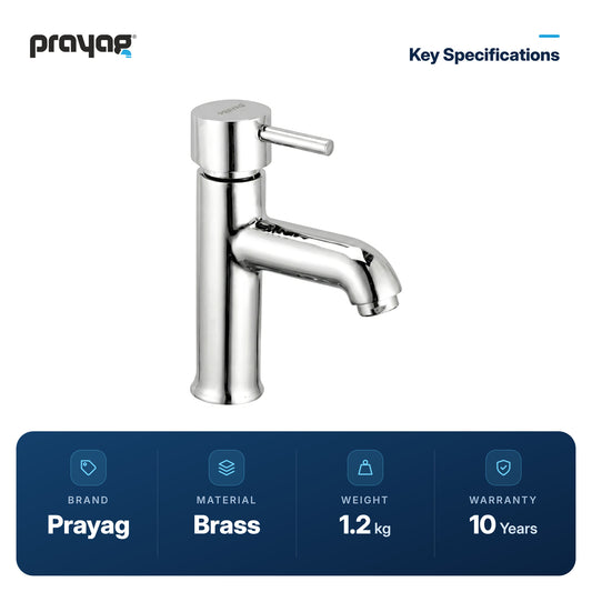 Single Lever Basin Mixer Table Mount Brass - Prayag key specifications: Brass, 1.2 kg, 10-year warranty