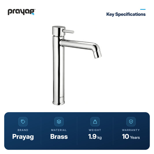 Single Lever Basin Mixer Table Mount (Tall Body) Brass - Prayag key specifications: Brass, 1.9 kg, 10-year warranty