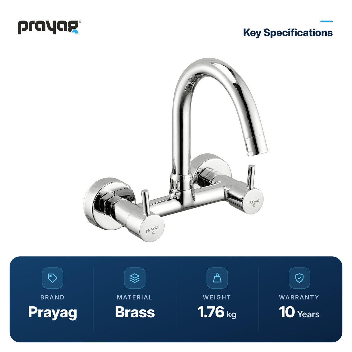 Sink Mixer Tap for Kitchen Wall Mount Foam Flow (Hot & Cold) Brass - Prayag key specifications: Brass, 1.76 kg, 10-year warranty