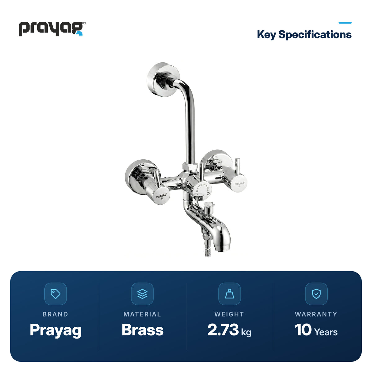 Wall Mixer 3 in 1 with Provision for Hand Shower & Head Shower Brass (Foam Flow) (Hot & Cold) - Prayag key specifications: Brass, 2.73 kg, 10-year warranty