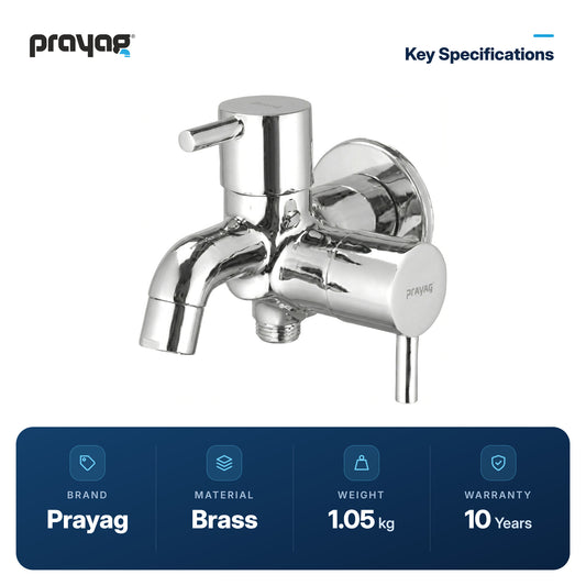 2-Way Bib Tap Double Handle with Wall Flange Brass - Prayag key specifications: Brass, 1.05 kg, 10-year warranty