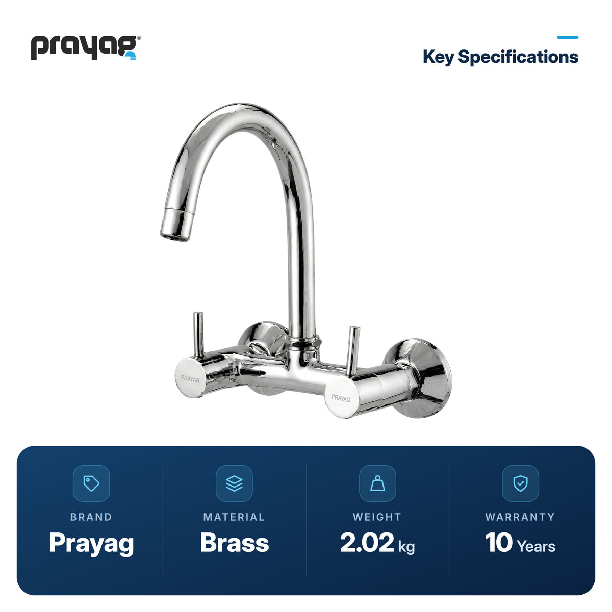Sink Mixer with Regular Spout Wall Mounted with Flange Brass - Prayag key specifications: Brass, 2.02 kg, 10-year warranty