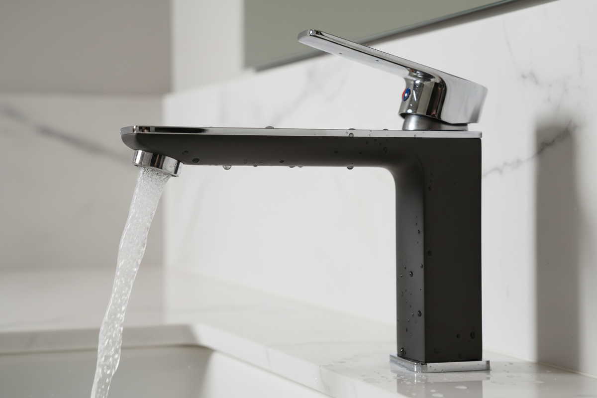 Premium matte black bathroom faucet with flowing water on white marble background — plumbKart