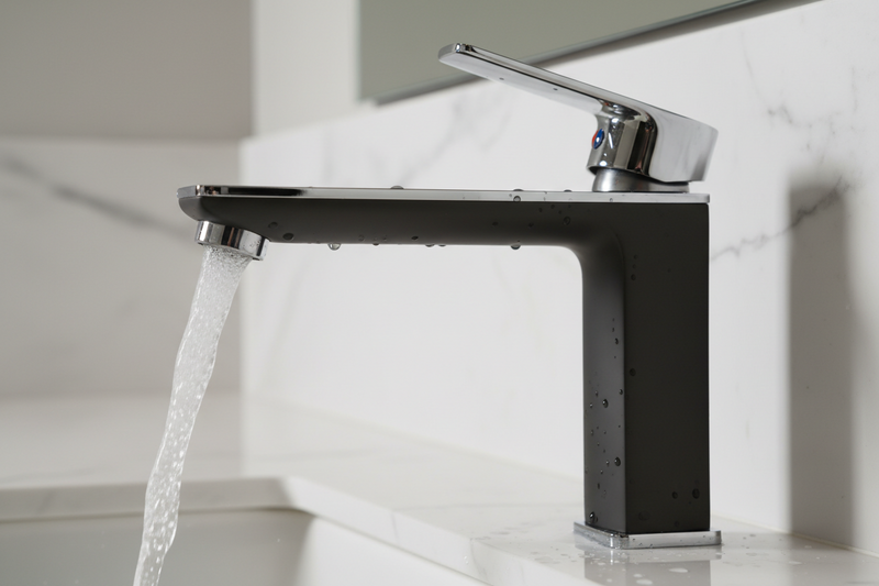 Premium matte black bathroom faucet with flowing water on white marble background — plumbKart