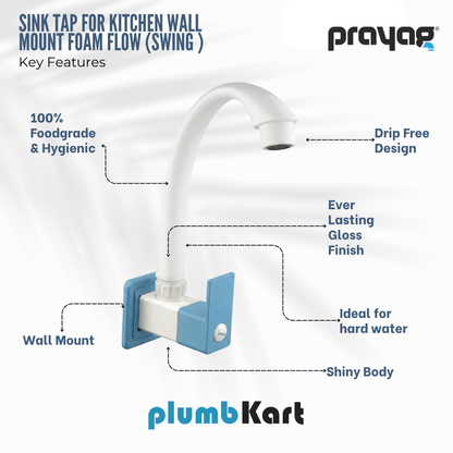 Sink Tap for Kitchen Wall Mount Foam Flow (Swing Tap) Blue Colour - By Prayag