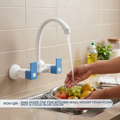 Sink Mixer Tap for Kitchen Wall Mount Foam Flow (Hot & Cold) Blue Colour - By Prayag