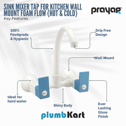 Sink Mixer Tap for Kitchen Wall Mount Foam Flow (Hot & Cold) Blue Colour - By Prayag