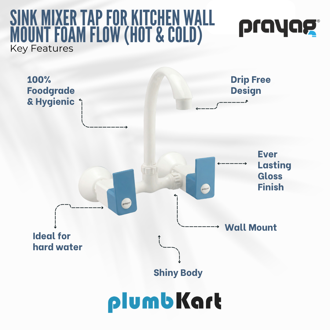 Sink Mixer Tap for Kitchen Wall Mount Foam Flow (Hot & Cold) Blue Color - By Prayag
