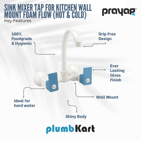 Sink Mixer Tap for Kitchen Wall Mount Foam Flow (Hot & Cold) Blue Color - By Prayag