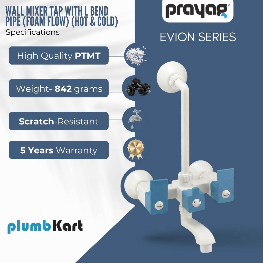 Wall Mixer Tap with L Bend Pipe (Foam Flow) (Hot & Cold) Blue Color - By Prayag