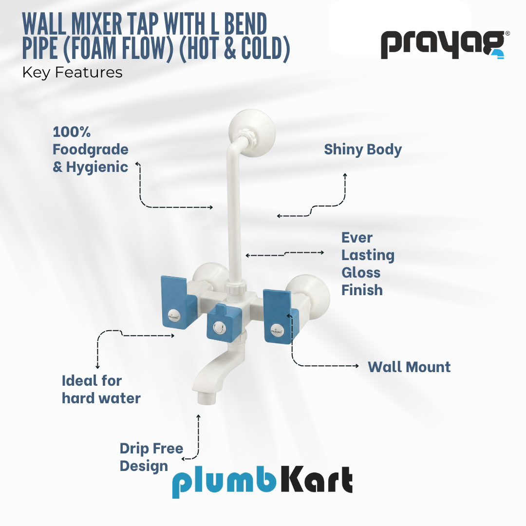 Wall Mixer Tap with L Bend Pipe (Foam Flow) (Hot & Cold) Blue Color - By Prayag