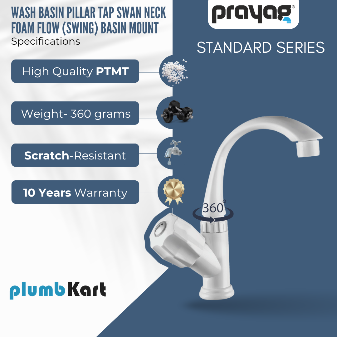 Wash Basin Pillar Tap Swan Neck Foam Flow (Swing Tap) Basin Mount - By Prayag