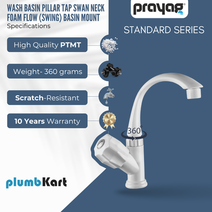 Wash Basin Pillar Tap Swan Neck Foam Flow (Swing Tap) Basin Mount - By Prayag
