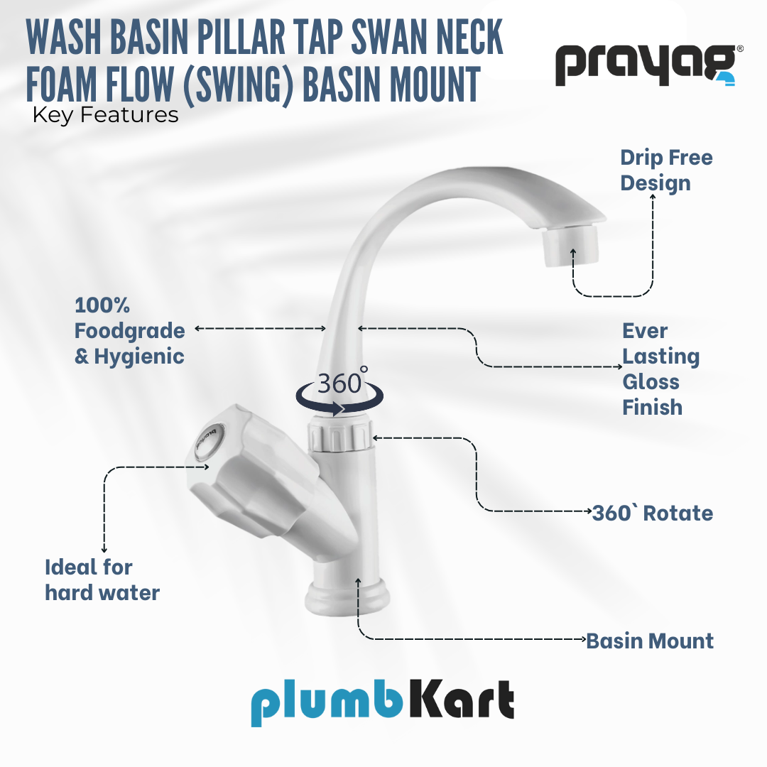 Wash Basin Pillar Tap Swan Neck Foam Flow (Swing Tap) Basin Mount - By Prayag