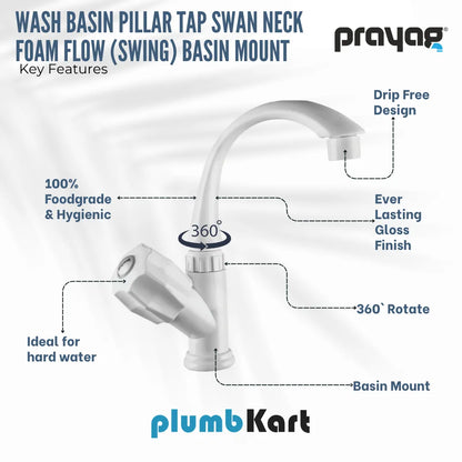 Wash Basin Pillar Tap Swan Neck Foam Flow (Swing Tap) Basin Mount - By Prayag
