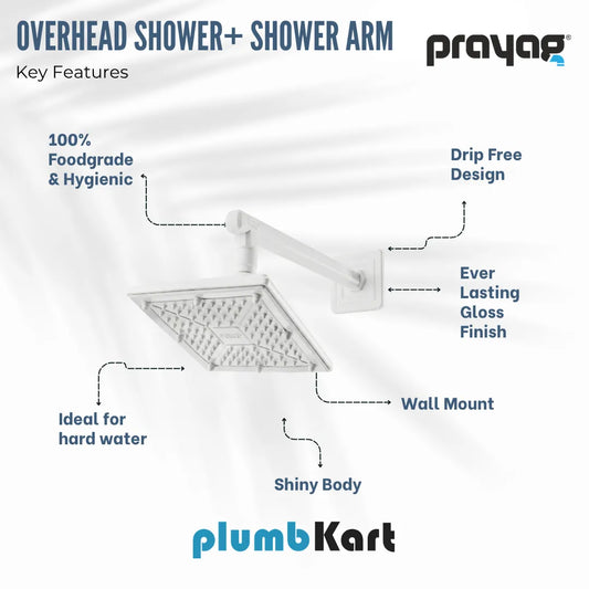 Overhead Shower 150mm x 150mm + Shower Arm 300mm - By Prayag
