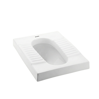 White squat toilet on a white background with 'Prayag' branding.